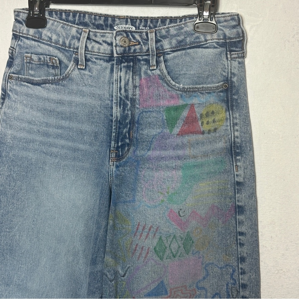 Old Navy Wide Leg Cropped Denim Jeans Extra High Rise Artsy Hand Painted Unique